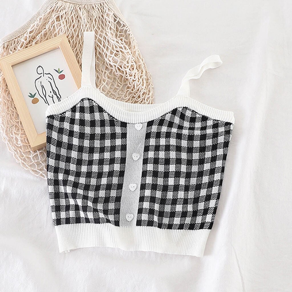 Korean Square Knit Crop Tank Top Wanita Motif Kotak - Kotak C053-White