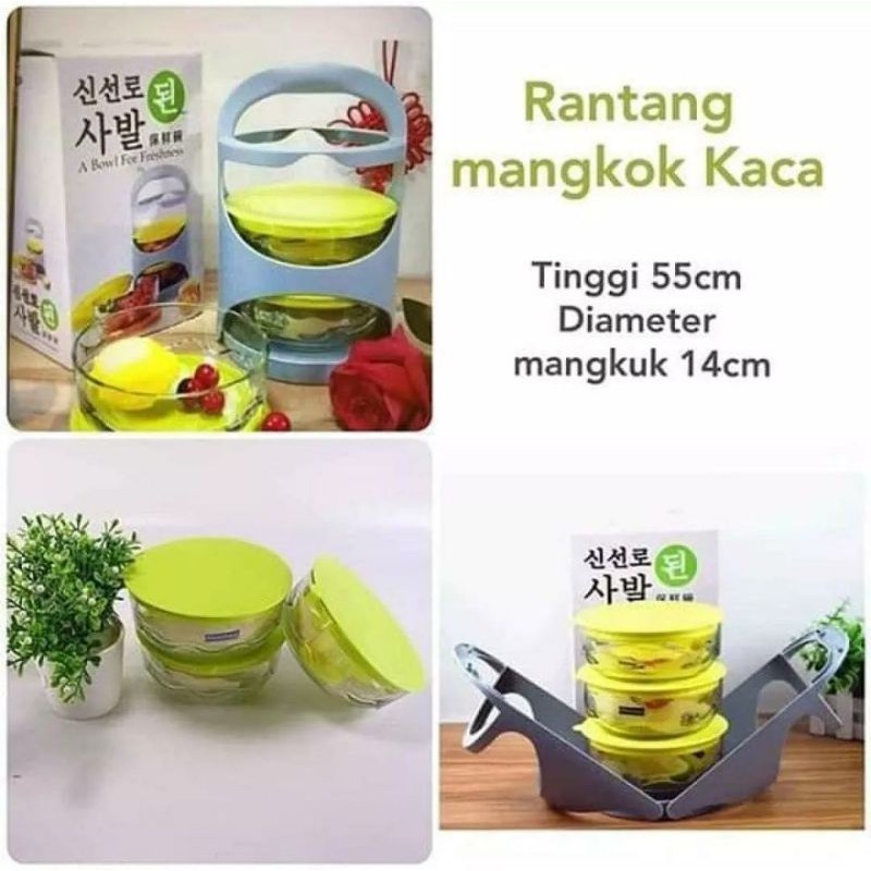 RANTANG SUSUN MAKANAN BOWL SET PIKNIK /RANTANG PIKNIK MANGKOK SET KACA 3 SUSUN HC