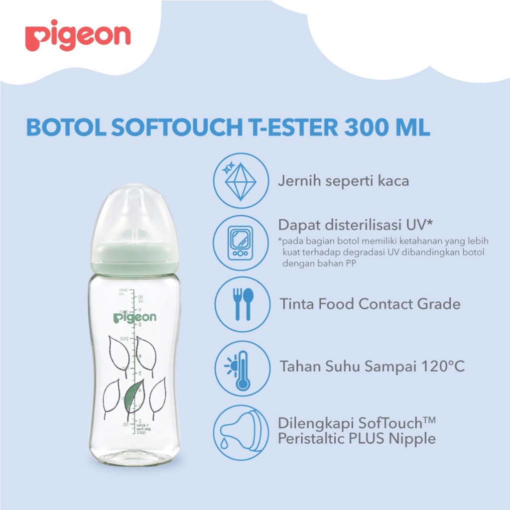 Pigeon SofTouch Peristaltic Plus PP Wide Neck Bottle T-Ester Light Green 3m+ Bulan Botol Susu 300ml