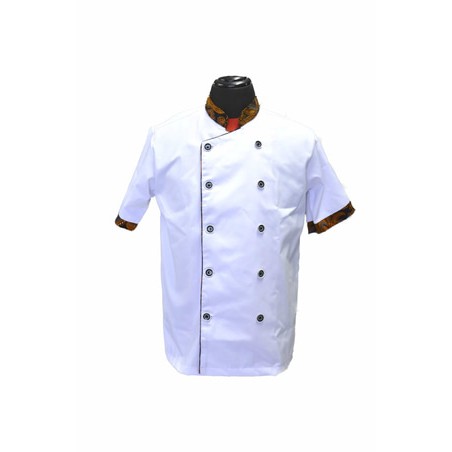 Baju Koki / Chef Putih Kombinasi Batik Coklat