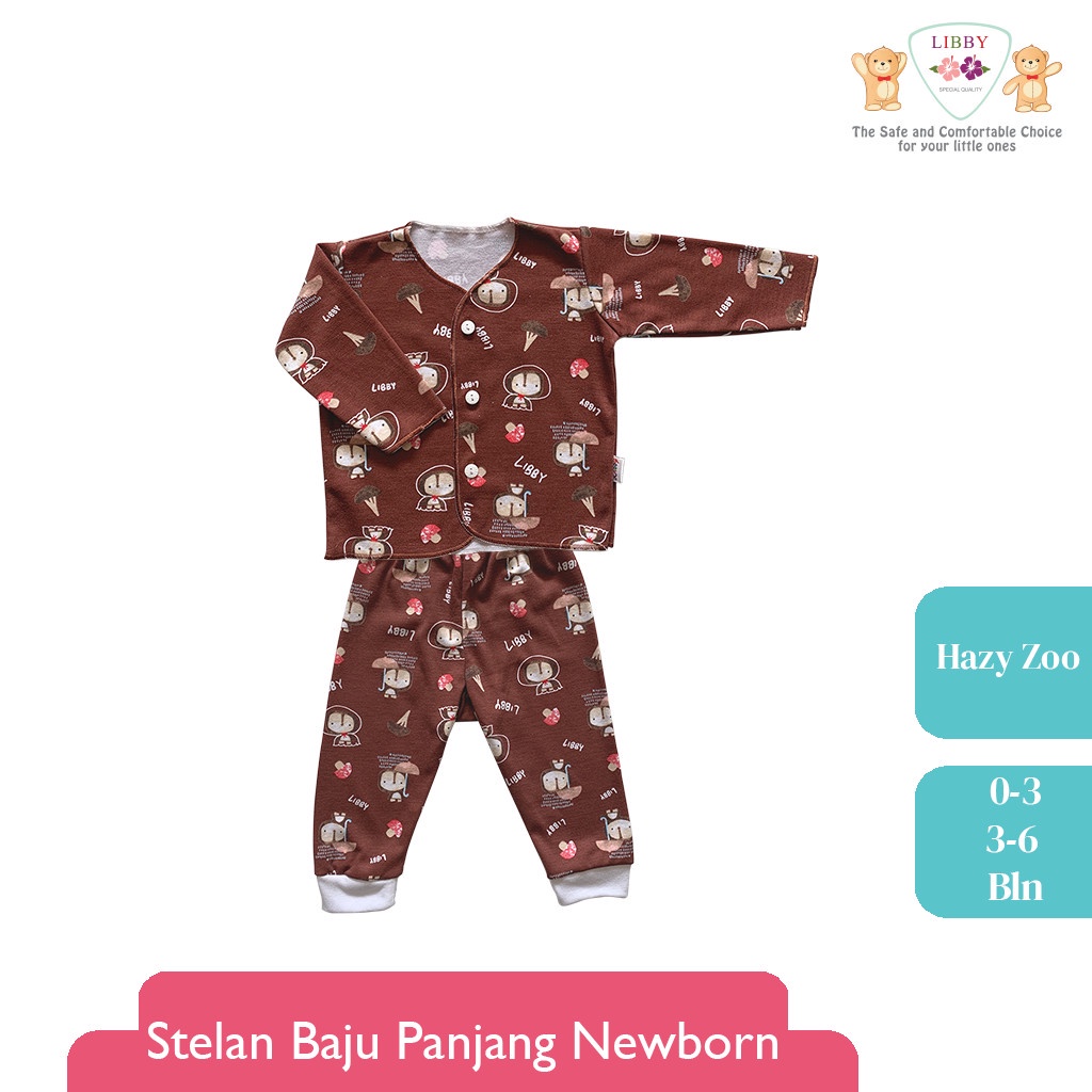 Baju Bayi Anak Setelan Panjang Kancing Depan Newborn 0-6 Bulan LIBBY Motif Hazy Zoo (1 stel)