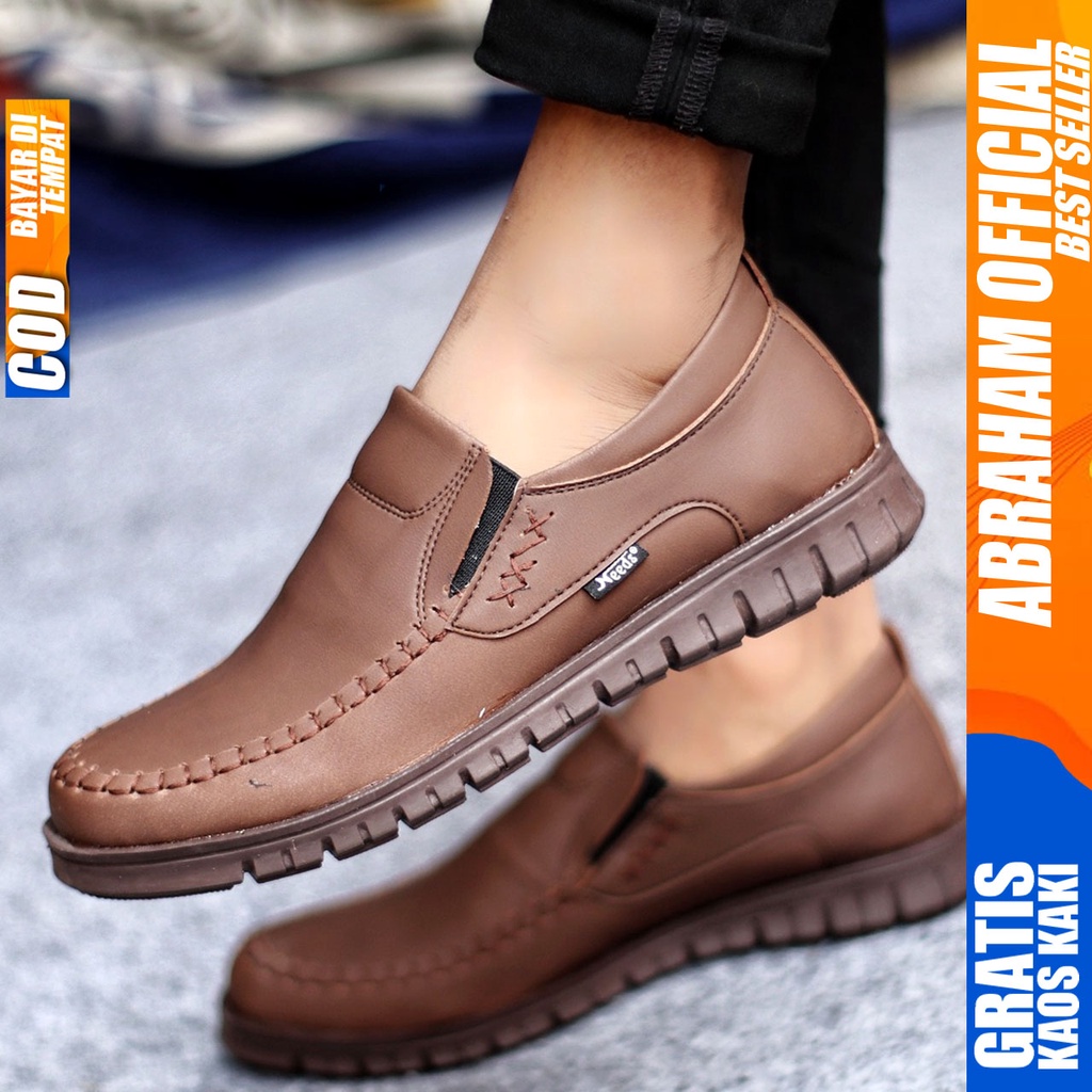 Sepatu Kasual Pria Casual Formal Slip On Kulit Pu Kerja Hitam Coklat BLENO ABRAHAM