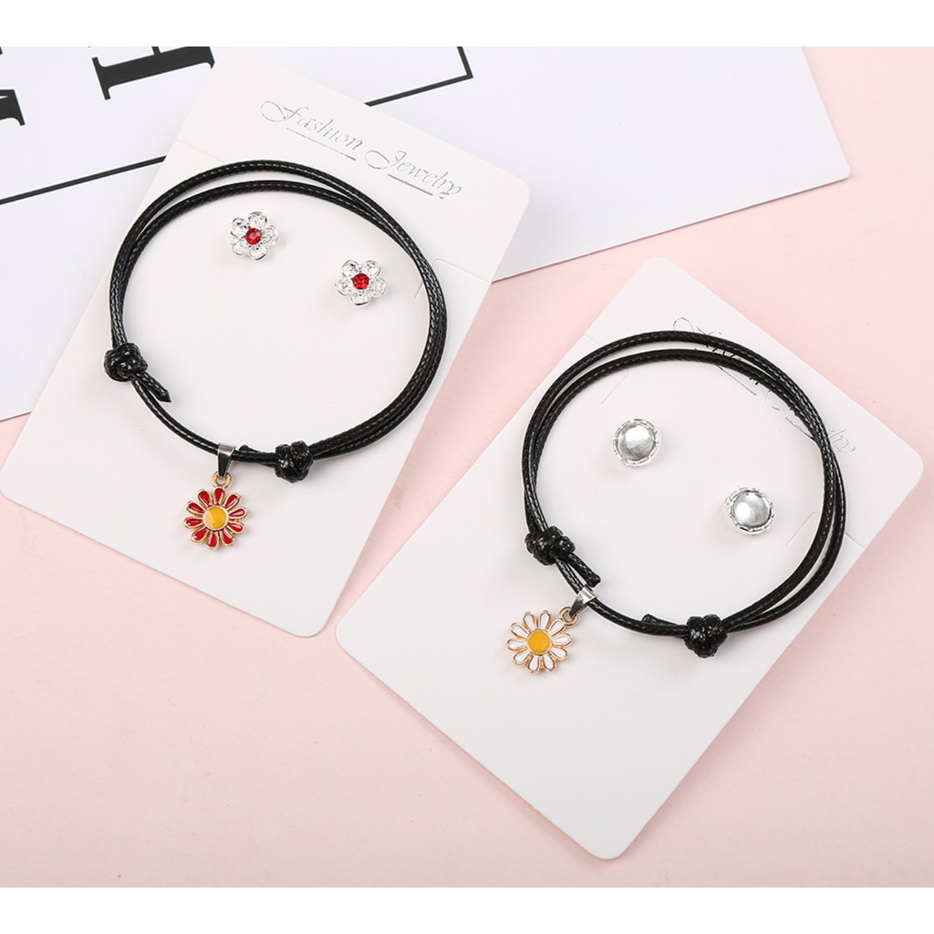 SET Gelang Tali Kulit + ANTING Impor Bunga DAISY Gaya Punk HipHop Korea Fashion ANTI AIR Punk Wanita