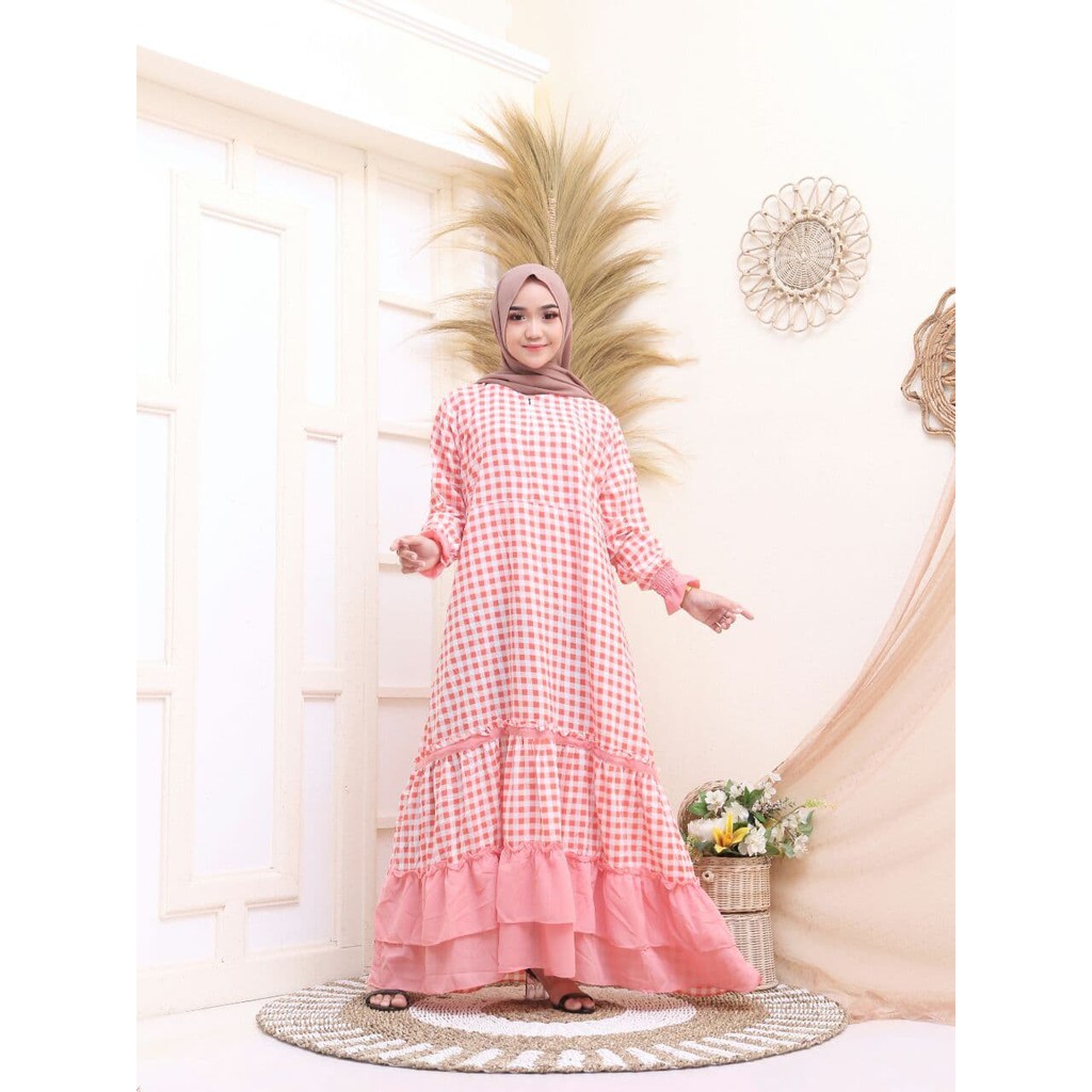 GAMIS KATUN MONALISA MIX CERUTY HOME DRESS CASUAL MAXY MOTIF KOTAK REMPEL UKURAN BESAR LD 115CM