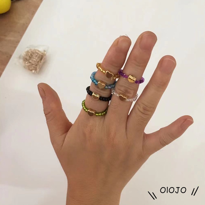 Cincin Manik-manik Kristal Wanita Tali Elastis Lucu Romantis Cincin Berbentuk Hati Yang Chic Dapat Disesuaikan - ol