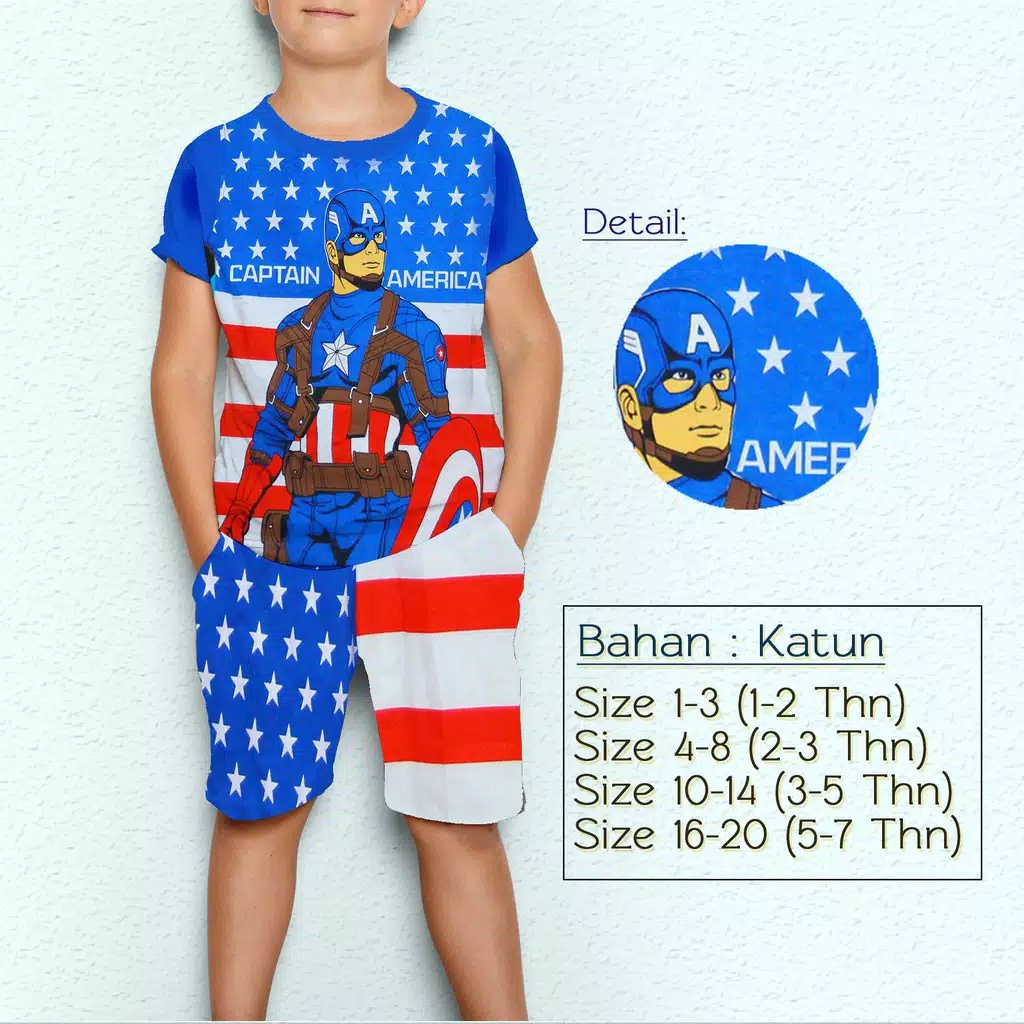 SETELAN BAJU ANAK CAPTAIN LENGAN PENDEK CAPTAIN AMERICA LENGAN PENDEK TERLARIS