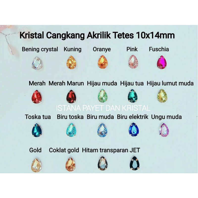 1 lusin kristal jahit cangkang bentuk tetes besar (10x14mm) aneka warna