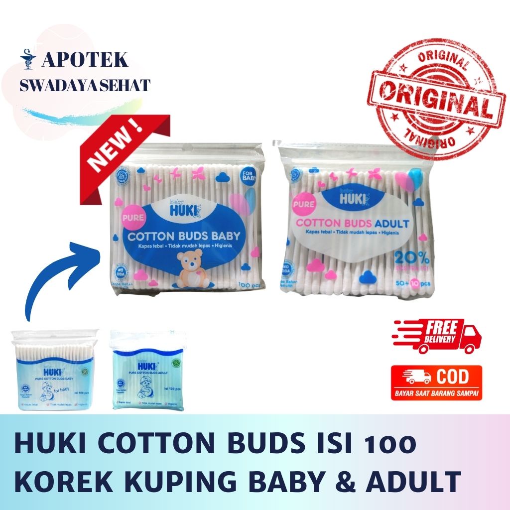 HUKI Pure Cotton Buds Zak Isi 100 For Baby &amp; Adult - Korek Kuping Bayi Dan Dewasa