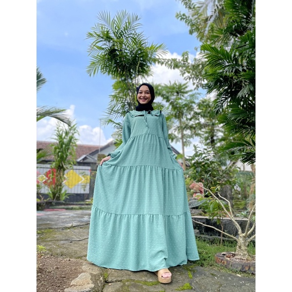 Gamis Jumbo long Dress Gamis Lebaran Idul fitri Gamis rubiah Crincle kerah korea Gamis rubiah Umpak-Hijau Wardah