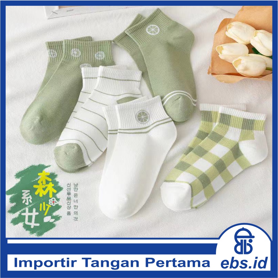 𝗘𝗕𝗦 ✅ KK024 Kaos Kaki (Tanpa Kemasan) Wanita Tipis Pendek Semata Kaki Motif Lemon Hijau Kotak Garis Fashion Korea Women Sock Import Murah