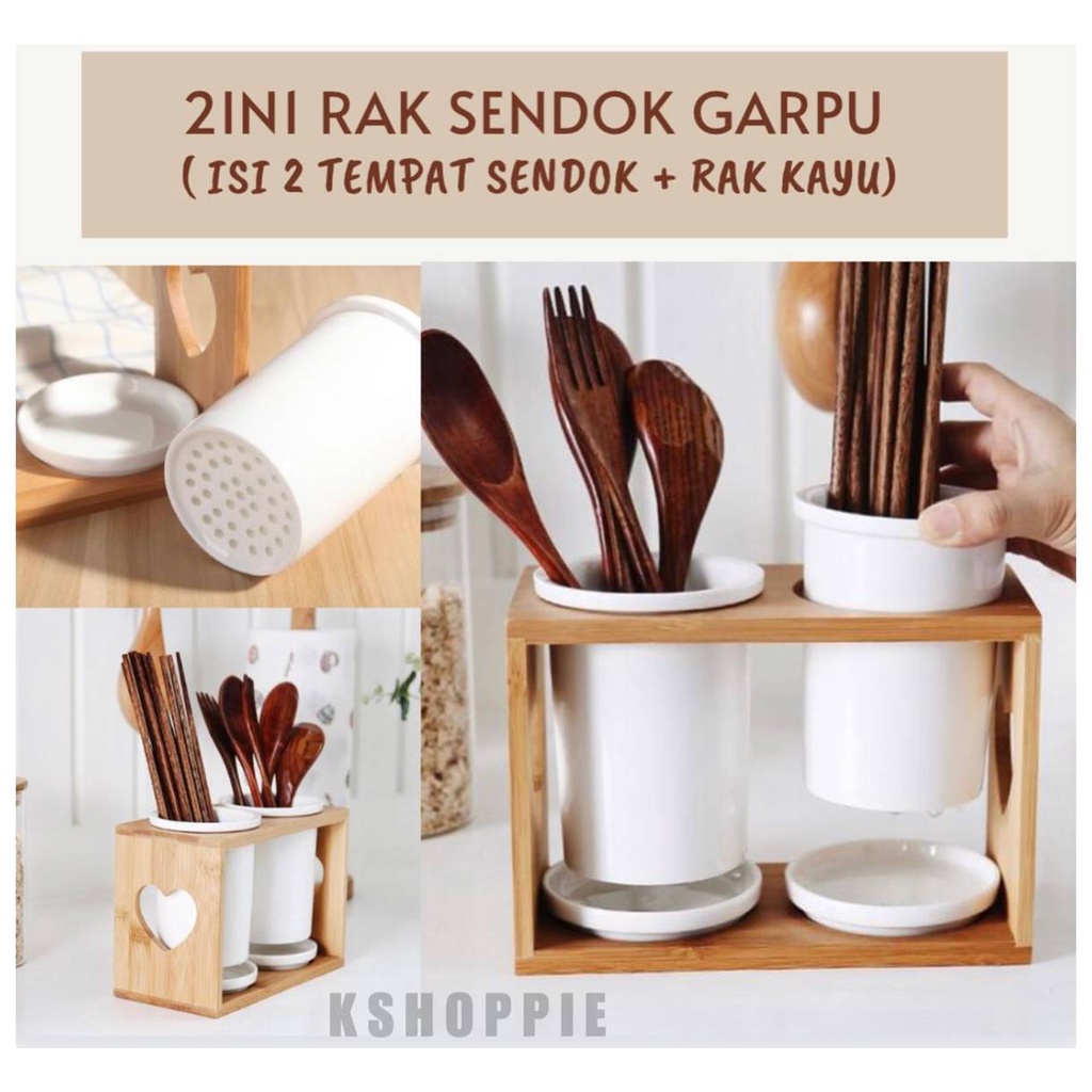 Jual Wadah Tempat Sendok Garpu Wooden Stand Rak Kayu Nordic Kitchen