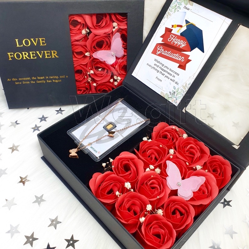 Kado Wisuda | Graduation Gift | Emas Antam 0,1gr, Flower Box & Kalung Titanium Kupu-kupu