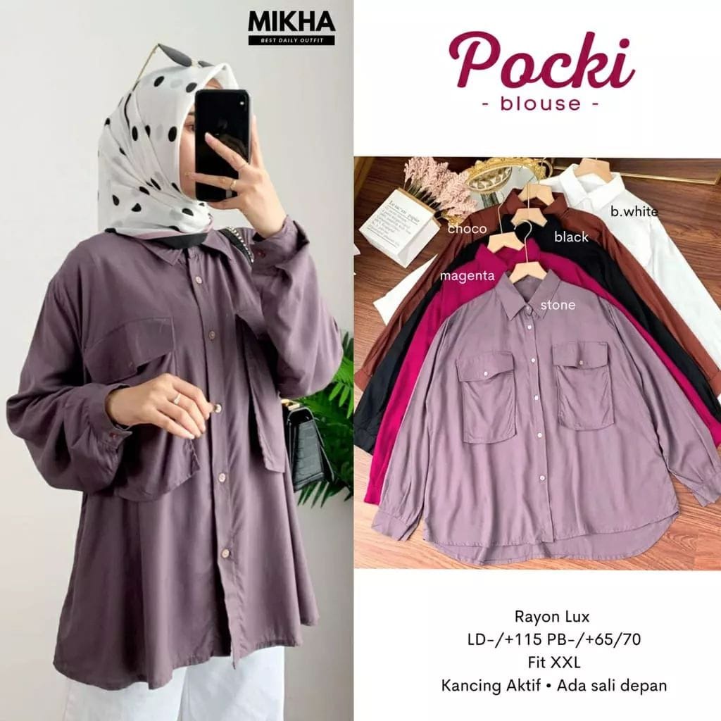 Pocki Blouse Matt Katun Rayon Atasan Wanita Terbaru Kemeja Wanita Jumbo Baju Lengan Panjang Wanita