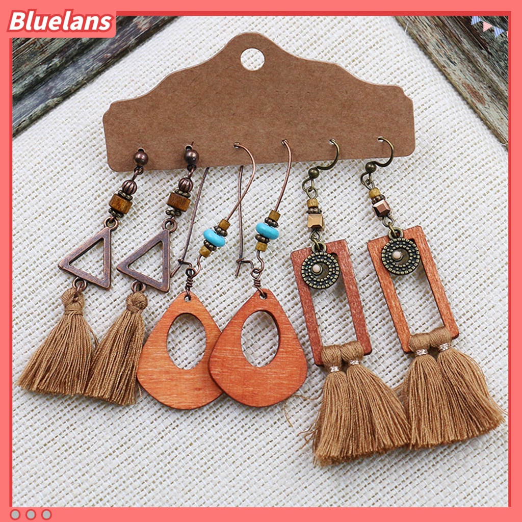 Bluelans 3 Pasang Anting Kait Gantung Wanita Desain Geometri Hias Rumbai Bahan Alloy Gaya Bohemian