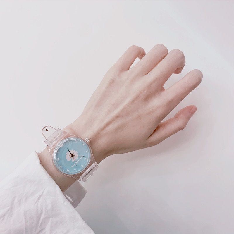 Jam Tangan Quartz Analog Motif Bunga Transparan Untuk Wanita /  Jam Tangan Motif Bunga Transparan-36-8 Hijau