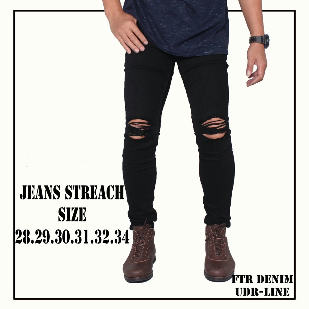 Celana Jeans Pria Skinny Biker Motor Ripped Knee Rips Sobek Robek Black Denim Streact Berkualitas S0