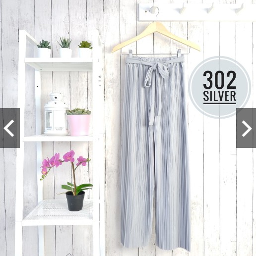 302 KULOT PLISKET PANJANG TALI PINGGANG MODIS FASHION MUSLIM BAWAHAN CELANA POLOS MURAH PLEATEDPANTS-Silver