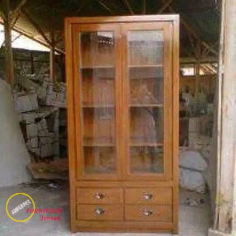 LEMARI KACA LEMARI HIAS JATI MINIMALIS