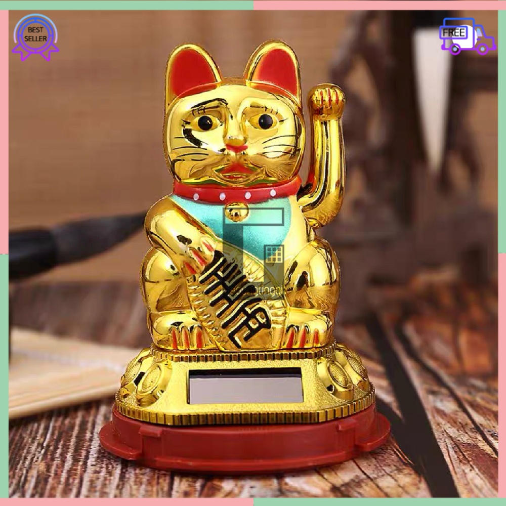 Boneka Patung Hiasan Dekorasi Pajangan Kucing Hoki Keberuntungan Lucky Cat Rejeki Maneki Neko Maneko Neki Emas Gold Tangan Gerak Goyang Baterai Batre Batrai Batrei Non Solar Listrik Jepang Cina China Meja Kasir Toko Size Ukuran Kecil Sedang Medium Besar