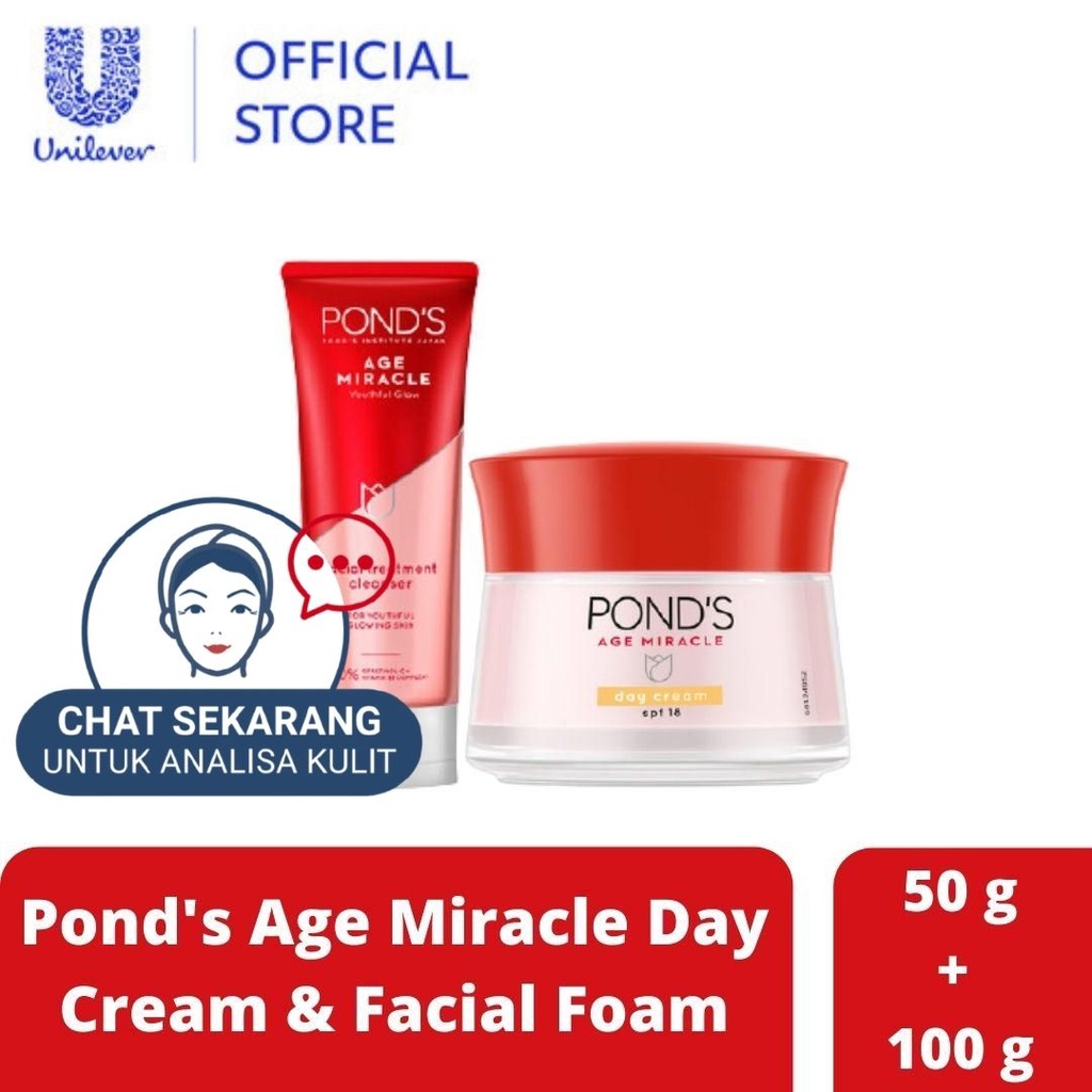 PAKET Ponds Age Miracle Anti Aging + Glowing Day Cream 50gr & Facial Foam 100gr