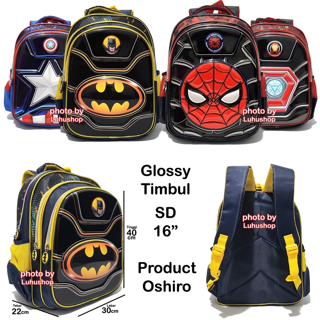 SD / TK Tas Anak Sekolah Laki Laki Ransel Timbul Glossy Superhero Batman Spiderman SUperman Kapten 19013