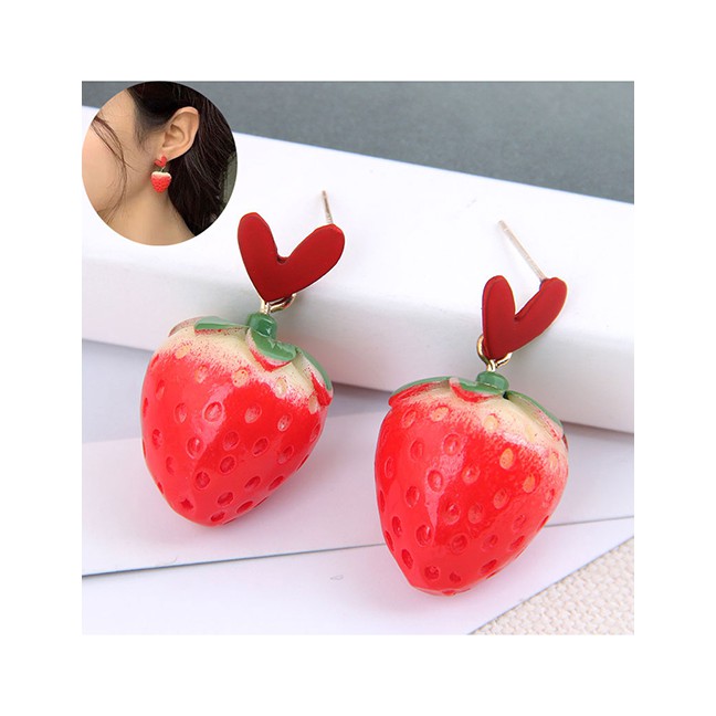 LRC Anting Tusuk Fashion Red Love Strawberry Resin Alloy Earrings A61837