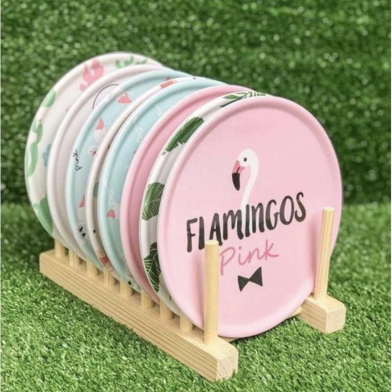 FREE KARDUS  Piring Flamingo set plus Holder Kayu / Piring Kue Serbaguna Pink Shabbychic