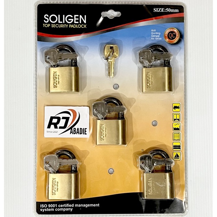 Gembok Baja Hitam Master Key Anti Maling SOLIGEN 50mm x 5pcs Masterkey