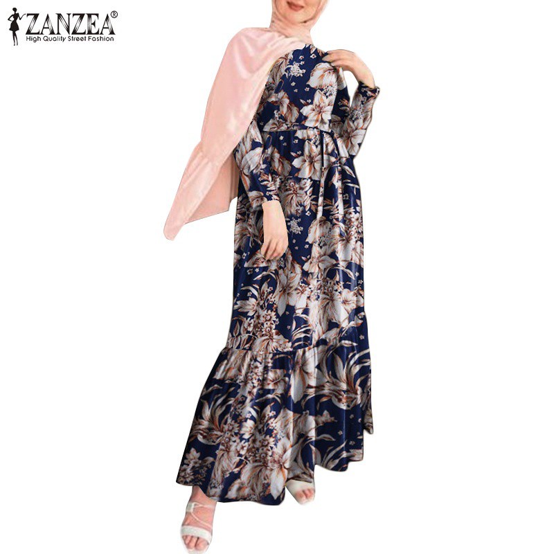 ZANZEA Women Elastic Waist Belted Patchwork Floral Printed Muslim Maxi Dress