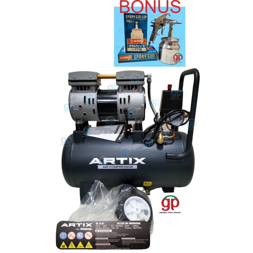 Kompresor Angin Listrik Tanpa Oli 1 pk Artix OA1024 Air Compressor Oilless OA 1024 1HP Bonus Spray G