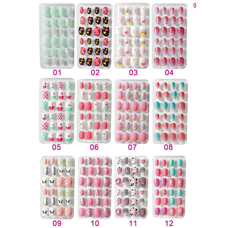 24pcs / Kotak Kuku Palsu Motif Kartun Panda Warna Gradasi Pelangi Untuk Anak Perempuan