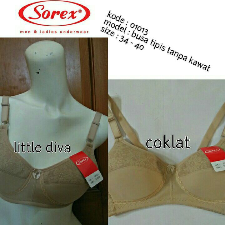 BRA SOREX 01013  size 34 36 38 40 cup B busa tipis tanpa kawat dengan renda NAILA kait 2 tbtk