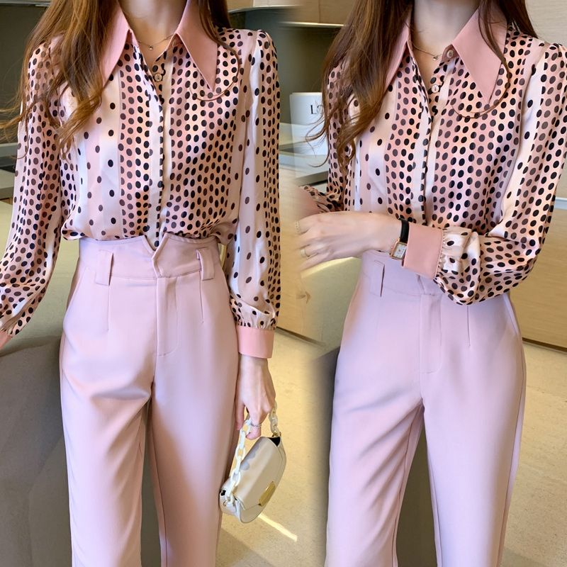 MDLV ~ 2130 Margiella Hidden Button Shirt Women Polkadot Shirt Kemeja Polkadot Pink Kemeja Twiscone Kemeja Lengan Panjang Kemeja Premium Kemeja Import Kemeja Korea style Fashion Import