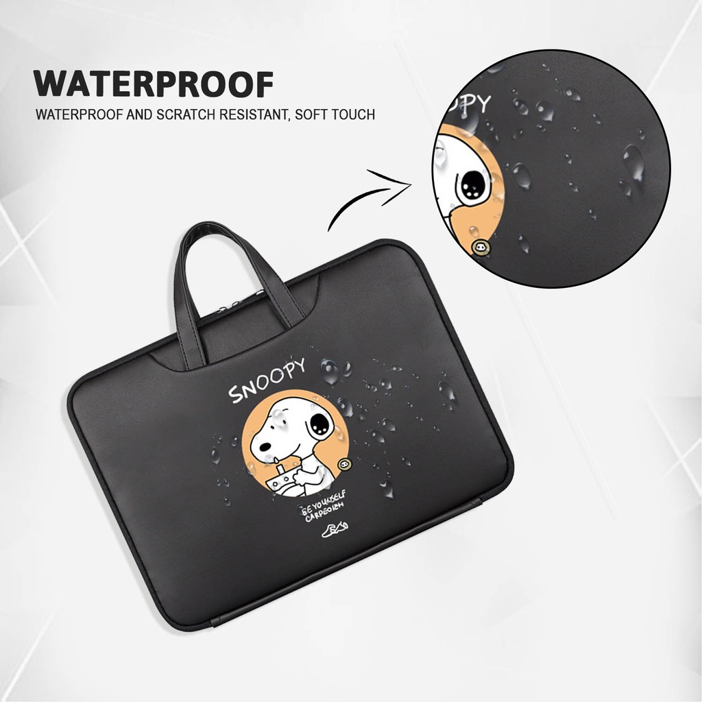 Sleeve Pouch Sarung Tas Bag Case Ipad Tab Tablet Macbook Air Pro Laptop Asus Acer Lenovo HP Huawei 11 12 13 14 15 inch Motif Gambar Kartun Cartoon Snoopy Kotak Warna Hitam Black Cute Murah Korean Model Jinjing Tali Strap Waterproof Tahan Air