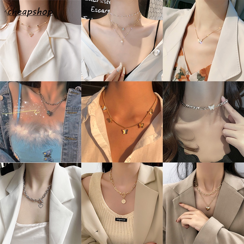 IFYOU 2021 New Fashion Butterfly Necklace Ladies Pearl Gold Silver Pendant Chain Choker Women Jewelry Accessories