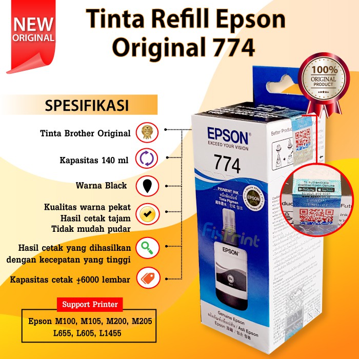 Tinta Refill Botol Epson Original 774 T774 T7741 Black, Printer M100 M200 M105 M205 L655