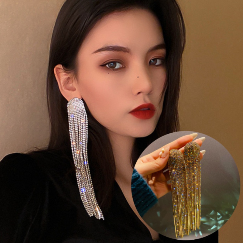 Anting Gantung Panjang Model Rumbai Full Berlian Imitasi Untuk Wanita