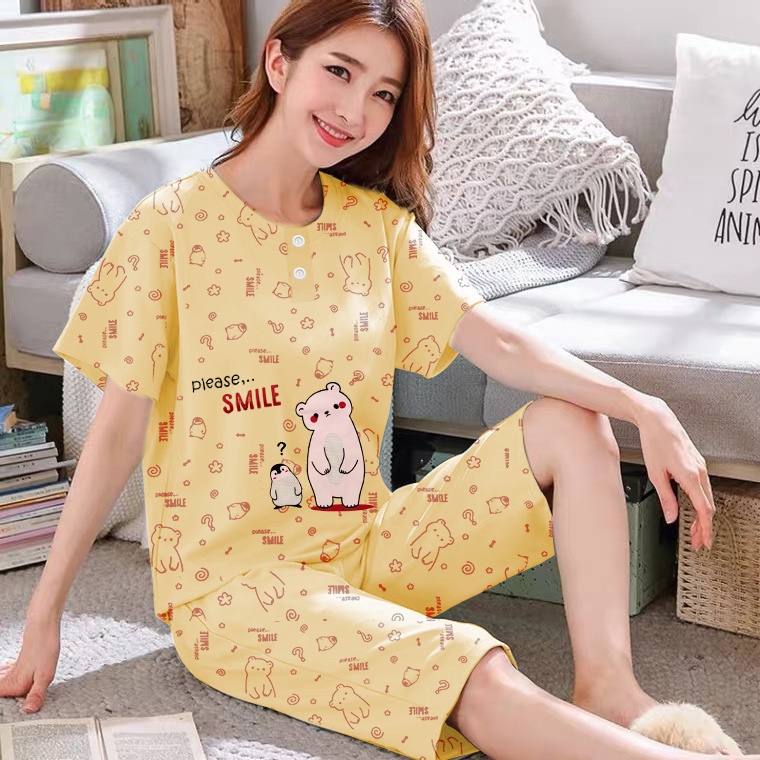 Lilipop.id  Baju Tidur Wanita 3/4 All Size Standar Penguin Setelan Piyama BabyDoll Kaos Celana Pendek