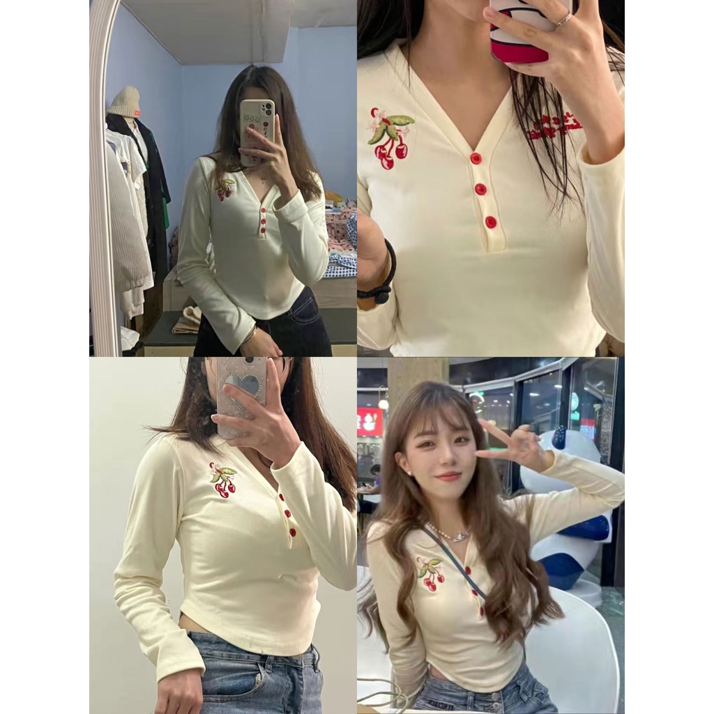 Suhao Murni Keinginan Bersulam Cherry Top Pendek Wanita Musim Gugur Musim Dingin Baru Slim Fit Slim Tidur Siang Gaun T-Shirt Lengan Panjang