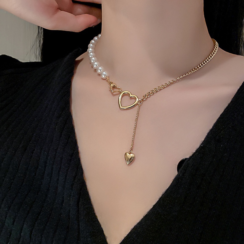 YEEZII Kalung Rantai Choker Liontin Mutiara Hati Warna Emas Untuk Wanita