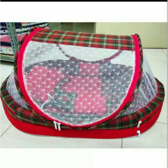 Kasur bayi set kelambu bantal guling oval merah