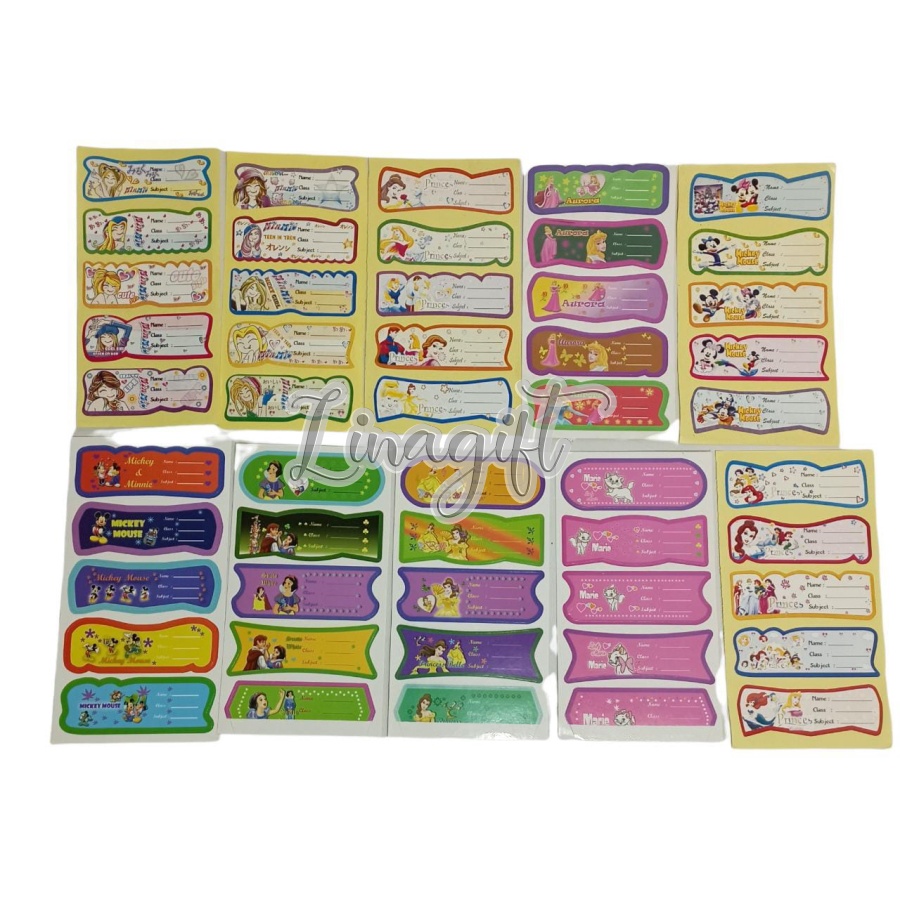 ( Pak 5 Lembar ) LABEL STIKER NAMA - OBRAL NAME STICKER UNTUK BUKU TULIS / PELAJARAN / PRINCESS AVENGERS SUPERHEROES SPIDERMAN BATMAN RAPUNZEL AURORA CINDERELLA MICKEY MINNIE MOUSE SNOW WHITE MARIE THE CAT UPIN IPIN SUPERMAN / LABEL UNDANGAN PERNIKAHAN