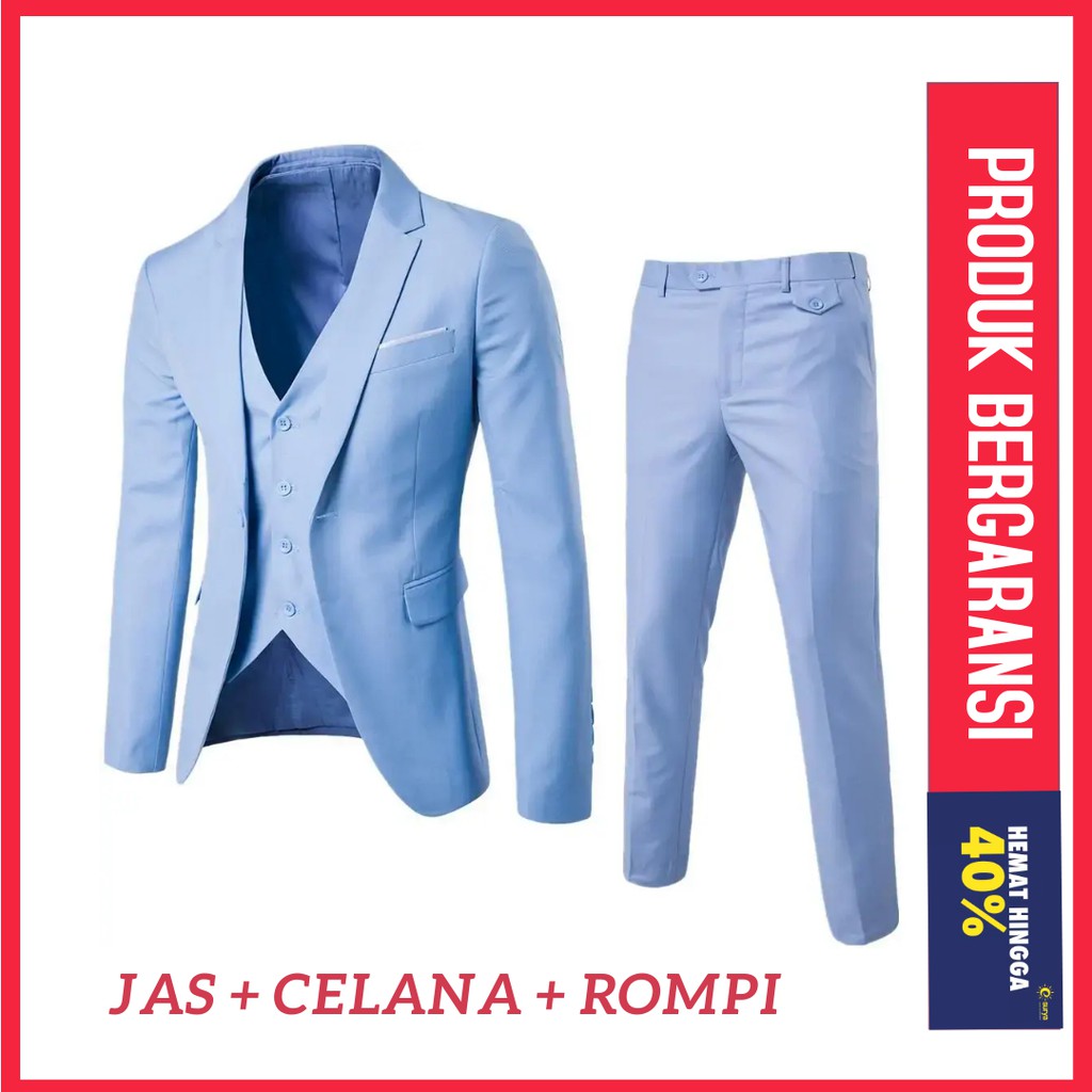 SETELAN JAS PRIA 3IN1 JAS PENGANTIN PRIA JAS FORMAL JAS KERJA BIRU MUDA