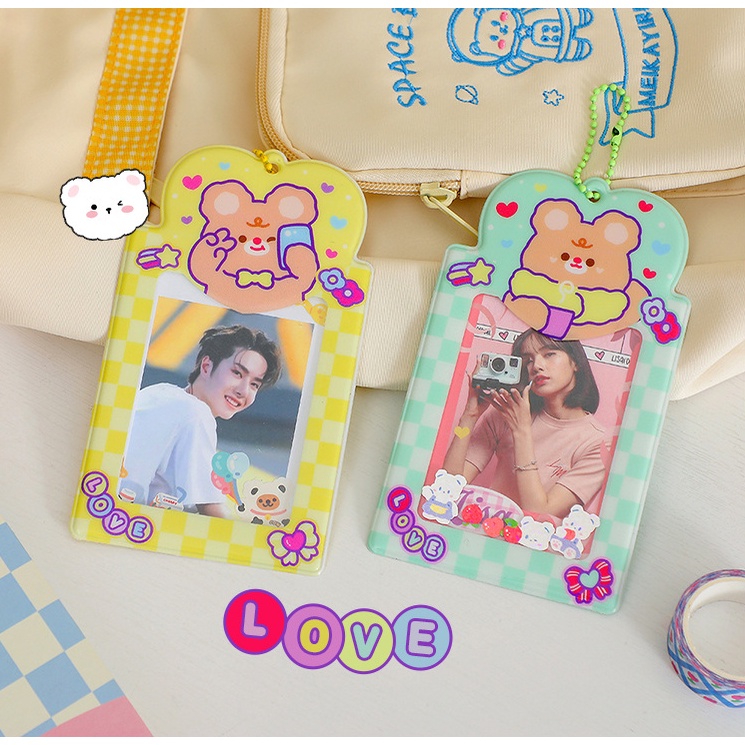Ins Gantungan Kunci Holder Kartu ID / Foto Motif Beruang / Kelinci Lucu Dengan Rantai