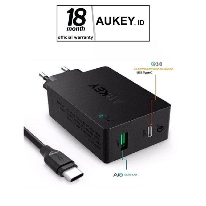 Aukey PA-Y2 33W USB Type C Wall Charger with Quick Charge 3.0 - Hitam