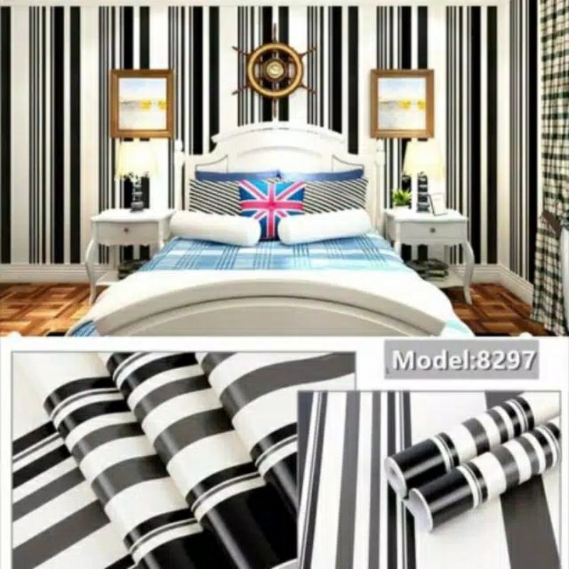 Wallpaper Stiker Dinding Motif Garis Hitam Putih 10m x 45cm