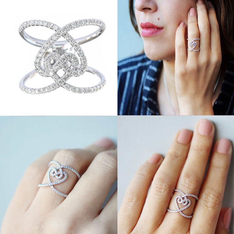Cincin Desain Hati Ganda Aksen Kristal Kubik Zirkonia Untuk Wanita