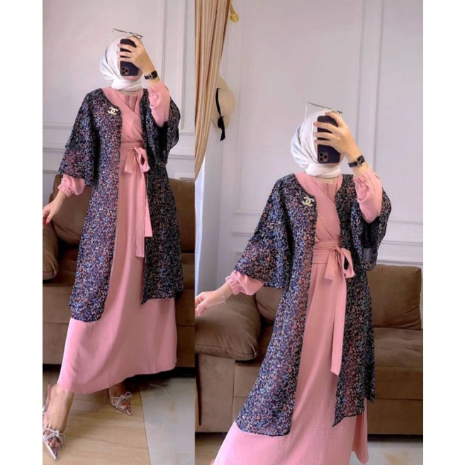 Nadiva One Set Wanita Outer Crinkle Airflow Kombi Ceruty Babydoll Premium Setelan Baju Lengan Tumpuk Karet Set Muslim Kekinian LD 108 cm