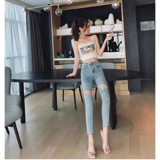  CELANA  JEANS  STRETCH IMPORT WANITA  MODEL  SOBEK  AKSESORIS 