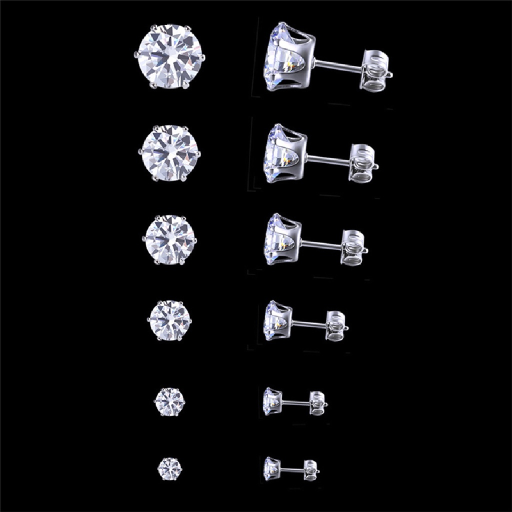 (AdornmentNo1) 6 Pasang Anting Tusuk Bulat Bahan Stainless Steel Hias Cubic Zirconia 3mm - 8mm Untuk Wanita